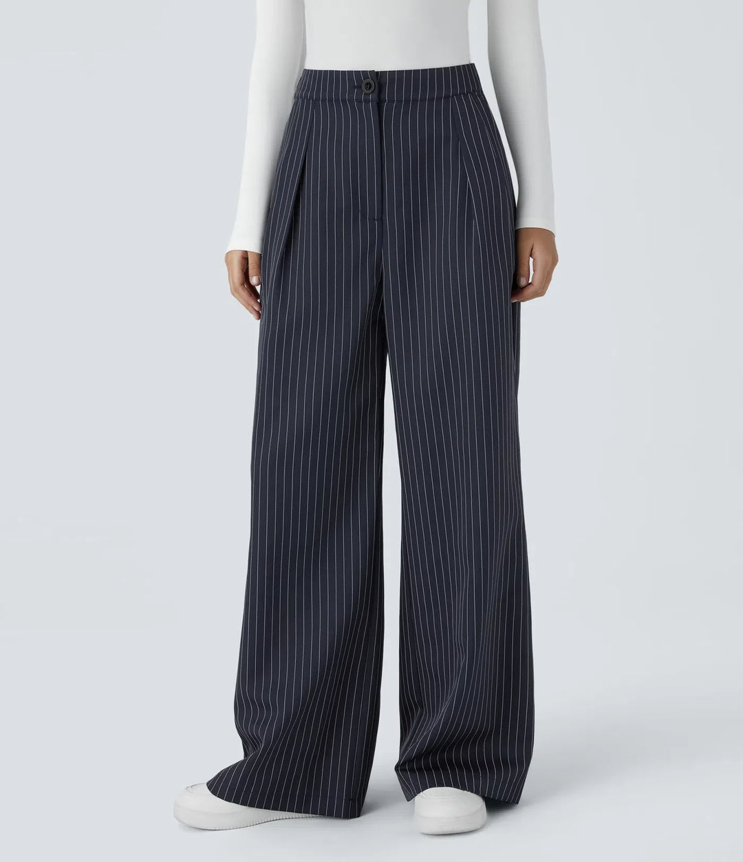 High Waisted Zipper Pocket Wide Leg Baggy Striped Work Trousers