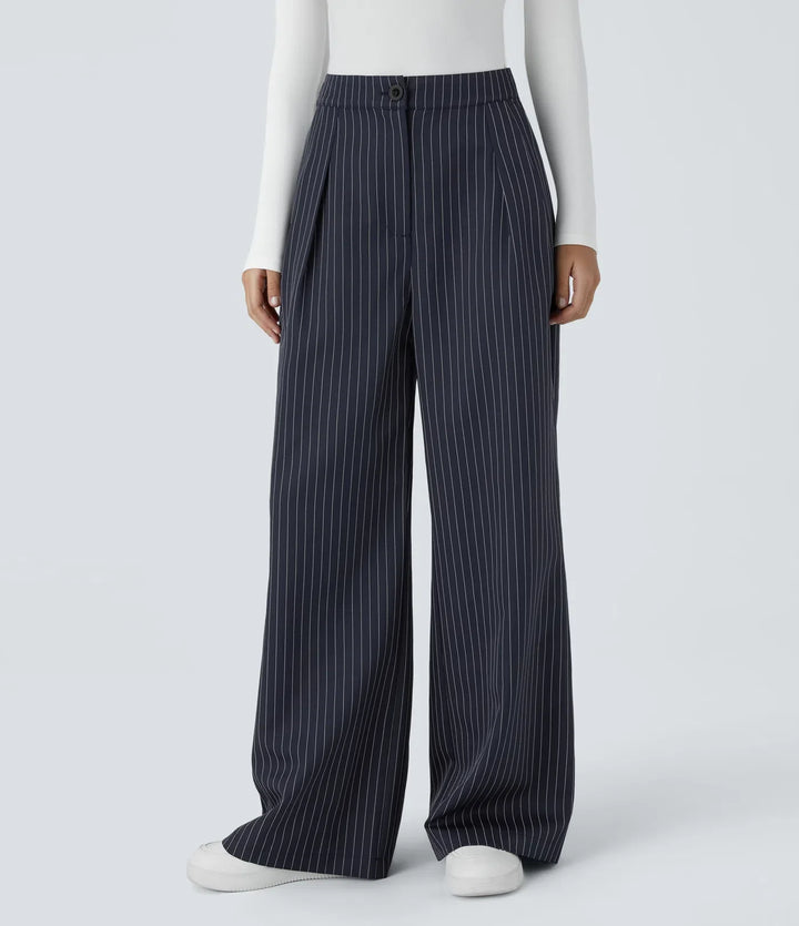 High Waisted Zipper Pocket Wide Leg Baggy Striped Work Trousers