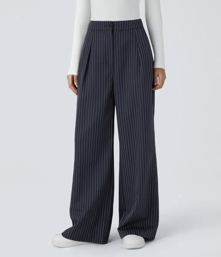 High Waisted Zipper Pocket Wide Leg Baggy Striped Work Trousers