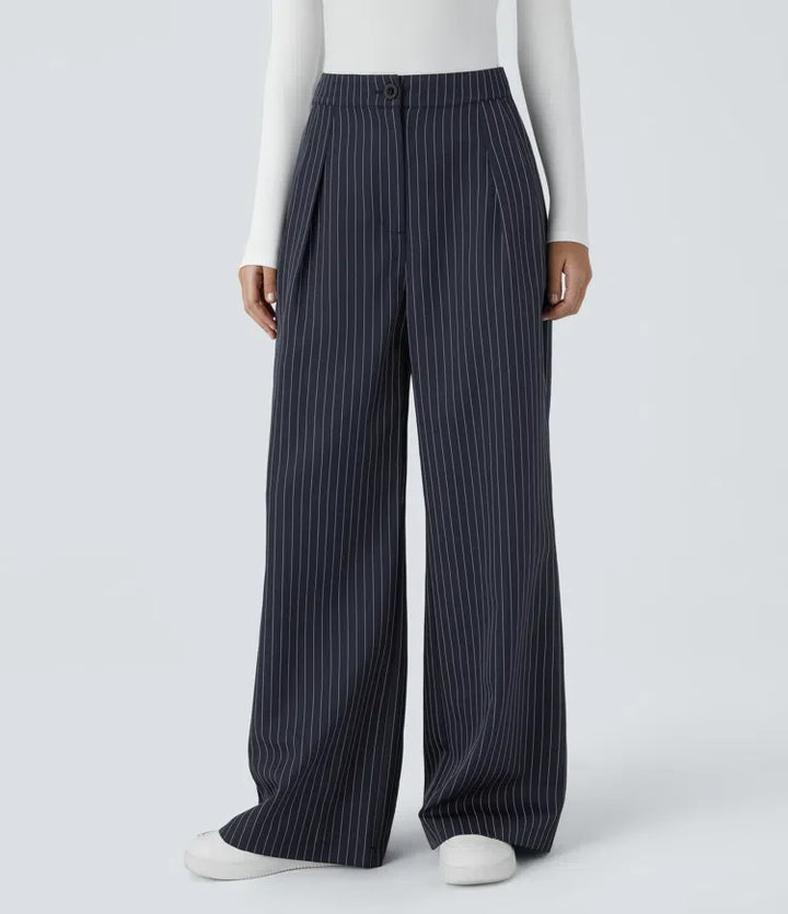 High Waisted Zipper Pocket Wide Leg Baggy Striped Work Trousers
