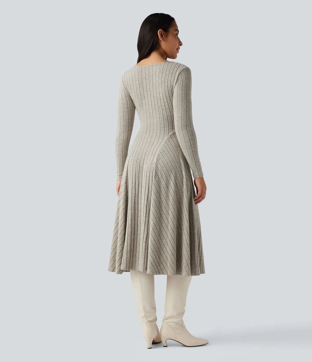 Ribbed Knit V Neck Long Sleeve Flare Midi Casual Dress