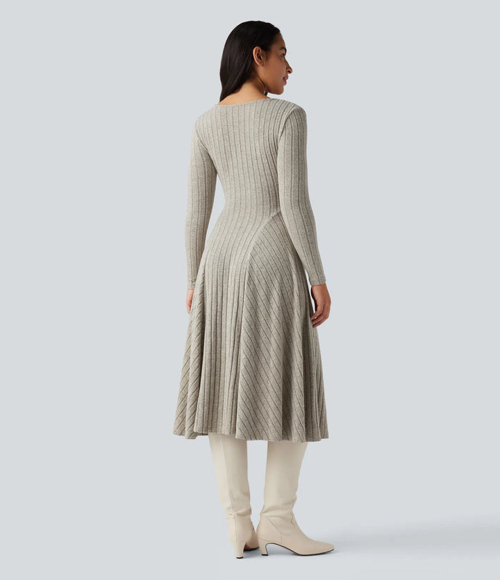 Ribbed Knit V Neck Long Sleeve Flare Midi Casual Dress