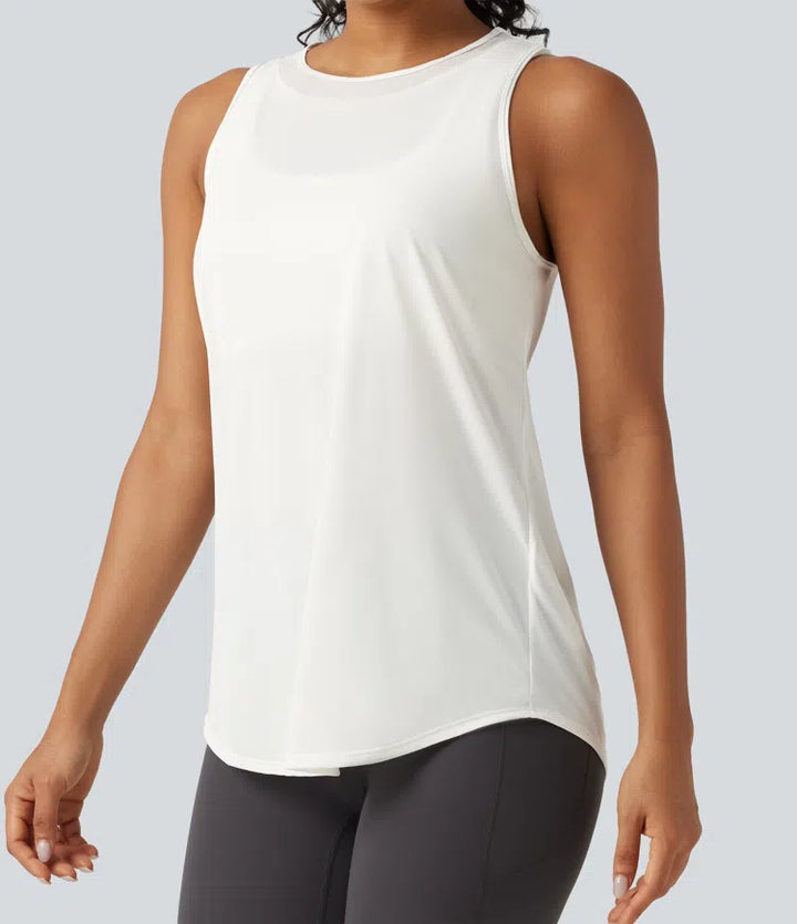 Contrast Mesh Curved Hem Running Tank Top-Longer Length