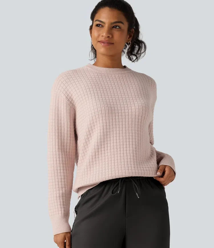 Round Neck Long Sleeve Waffle Casual Jumper