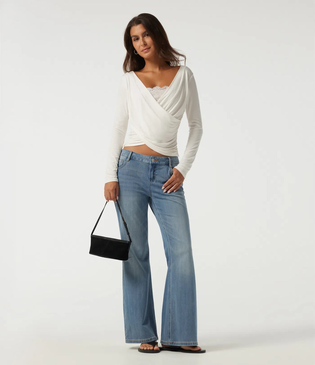 Ribbed V Neck Long Sleeve Crossover Ruched Contrast Lace Casual Top