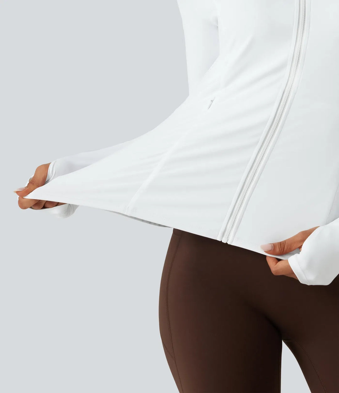 SoftlyZero Airy Stand Collar Long Sleeve Thumb Hole Eyelet Ruffle Hem InstantCool Yoga Jacket with Pockets-UPF50+