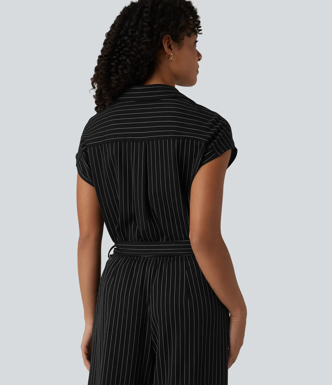 Short Sleeve Belted Stripe InstantCool Work Shirt Jumpsuit with Pockets-Easy Peezy Edition