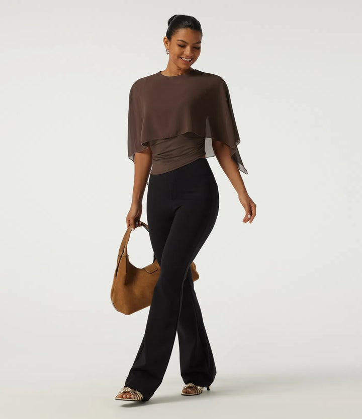 Round Neck Flounce Half Sleeve 2-in-1 Ruched Asymmetrical Hem Work Blouse