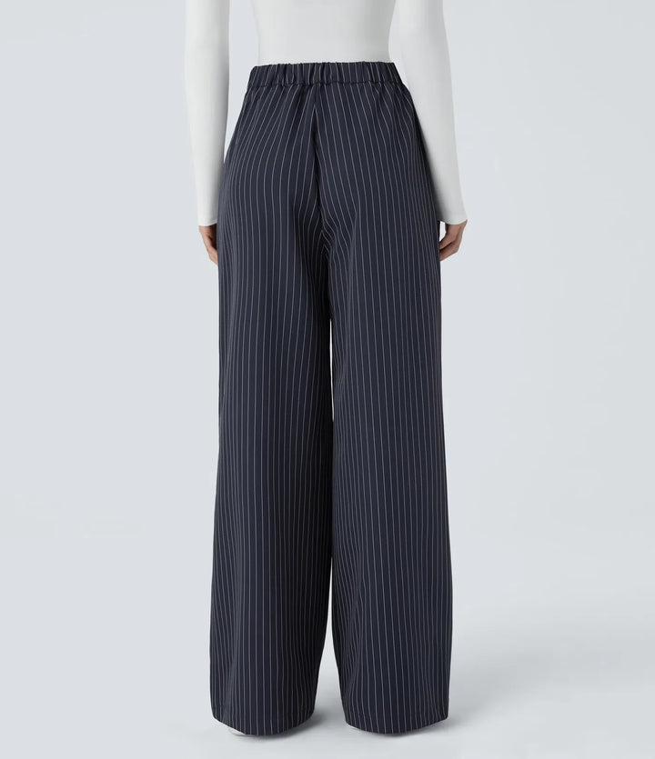 High Waisted Zipper Pocket Wide Leg Baggy Striped Work Trousers