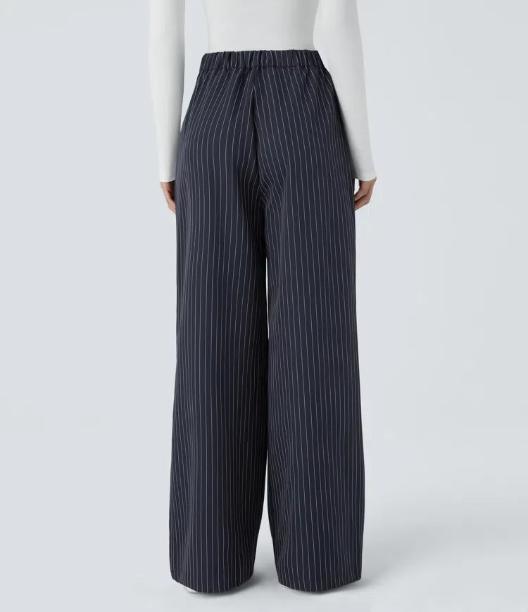High Waisted Zipper Pocket Wide Leg Baggy Striped Work Trousers