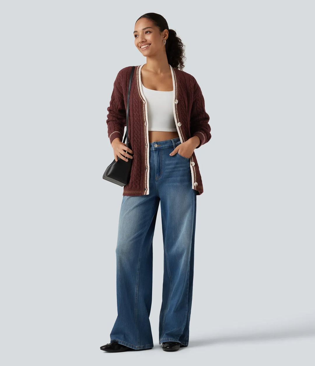 V Neck Long Sleeve Color Block Work Cardigan with Pockets