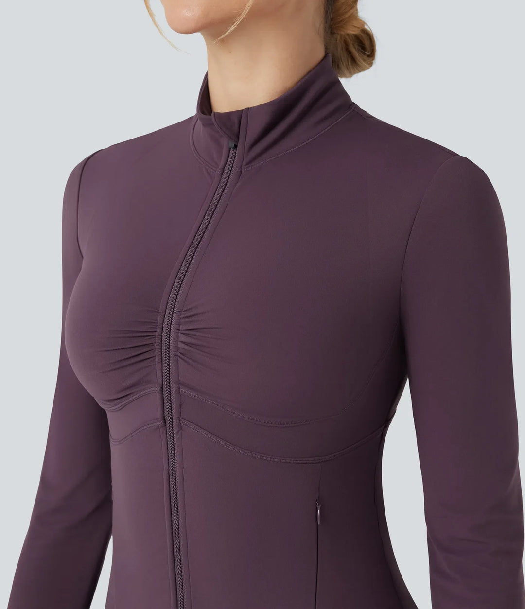 Halara UltraSculpt Mock Neck Ruched Push-Up Long Sleeve Thumb Hole Yoga Jacket with Pockets