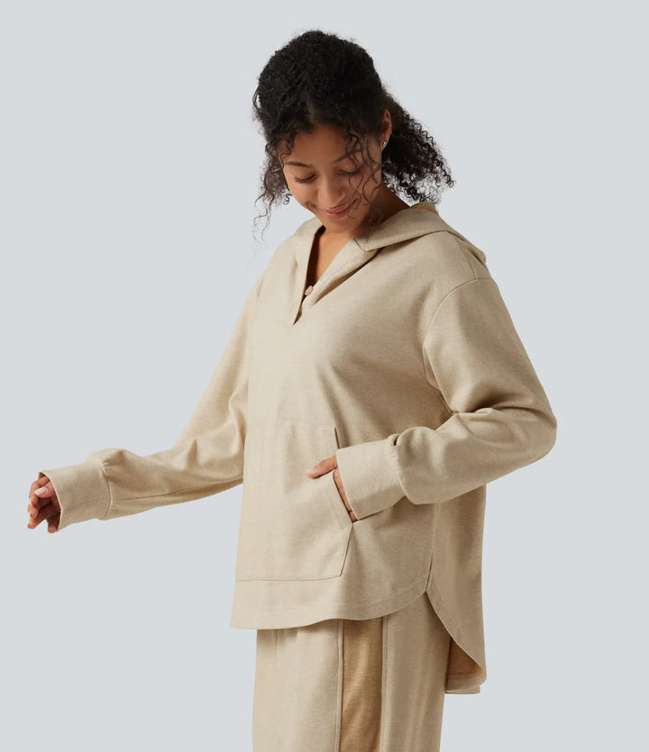 Long Sleeve Kangaroo Pocket Curved Hem Casual Pullover Hoodie with Pocket