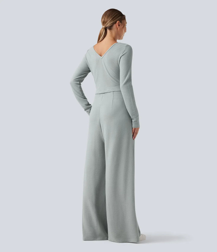 V Neck Long Sleeve Casual Jumpsuit with Pockets-Easy Peezy Edition