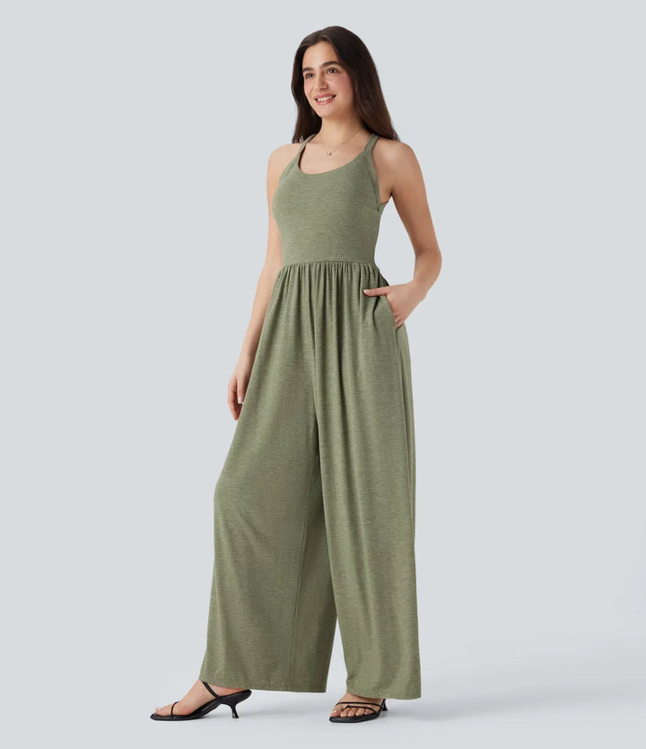 Built-in Bra Wide Leg Casual Jumpsuit with Pockets-Easy Peezy Edition