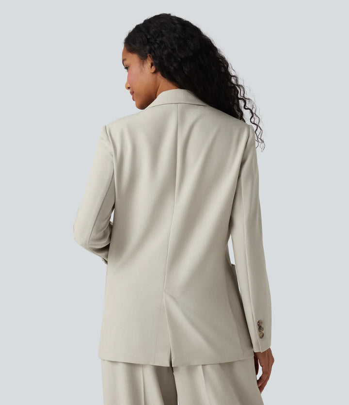 Notched Collar Long Sleeve Work Linen-Feel Blazer with Pockets