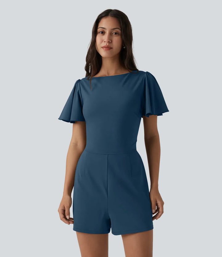 SoftlyZero Airy Flounce Short Sleeve Tie Back InstantCool Casual Romper with Pockets-Easy Peezy Edition