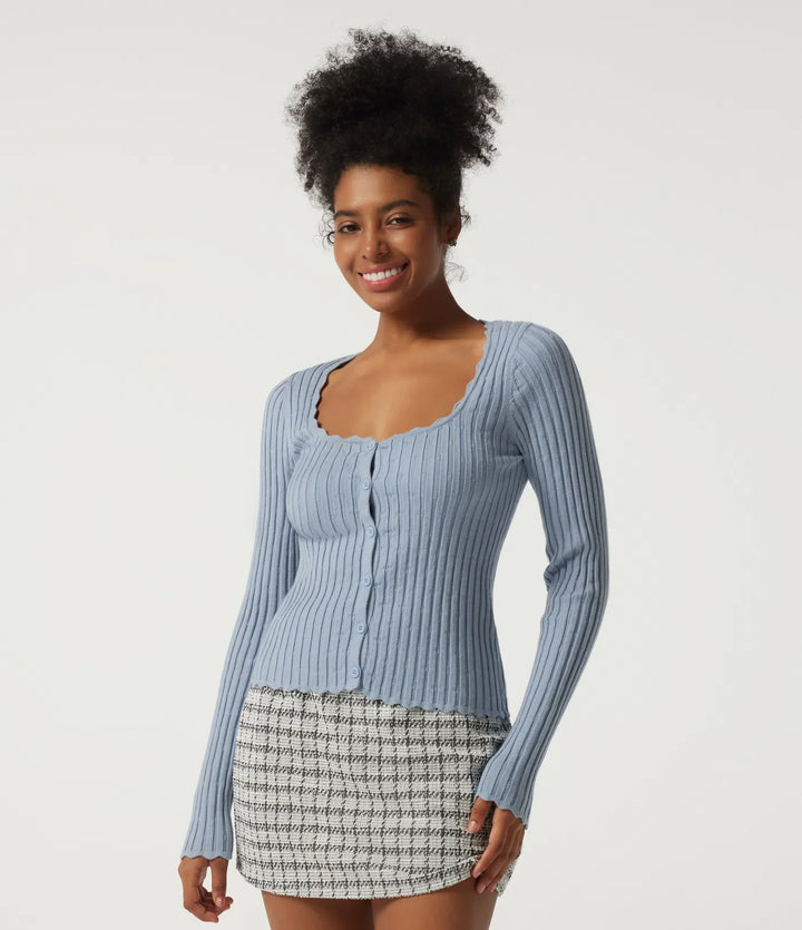 Ribbed Knit Square Neck Long Sleeve Casual Jumper