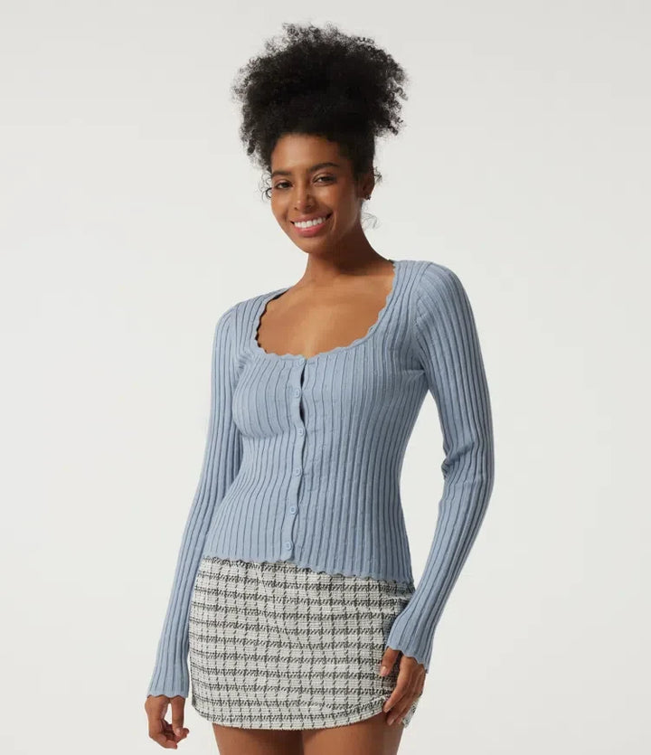 Ribbed Knit Square Neck Long Sleeve Casual Jumper