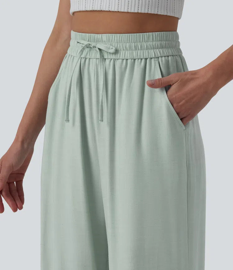 High Waisted Drawstring Wide Leg Casual Linen-Blend Trousers with Pockets