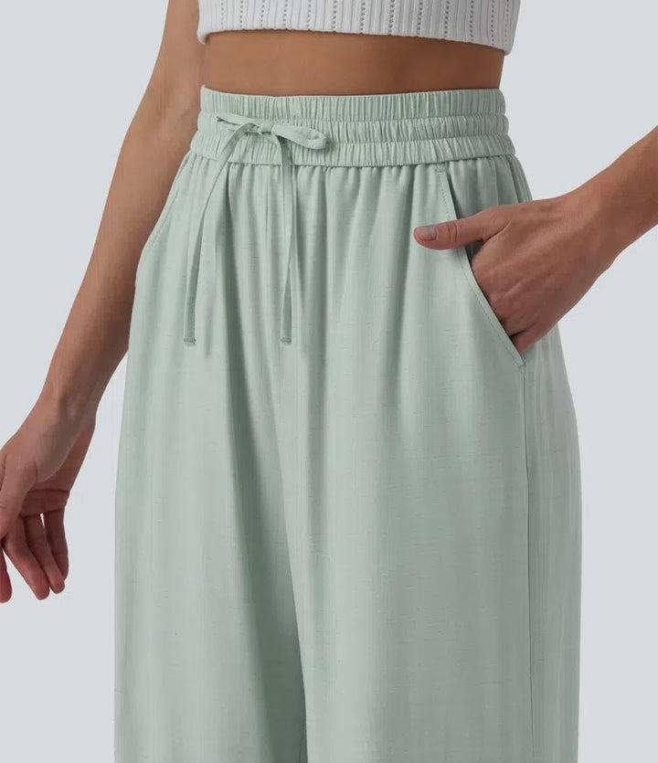 High Waisted Drawstring Wide Leg Casual Linen-Blend Trousers with Pockets