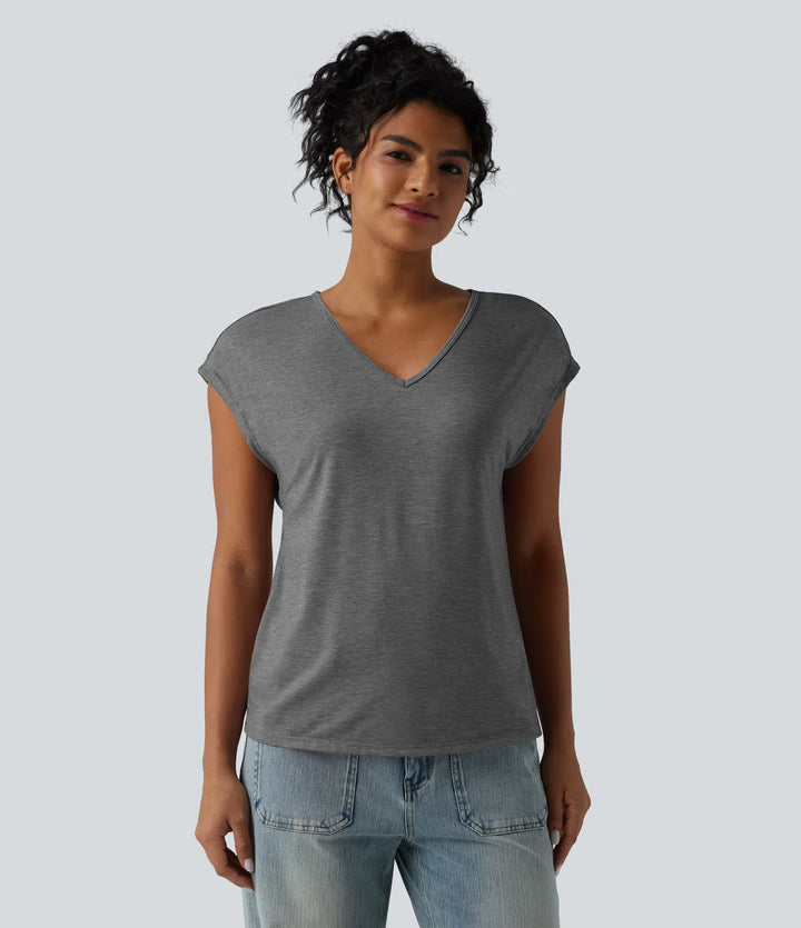 V Neck Short Sleeve Relaxed Heathered Casual T-Shirt