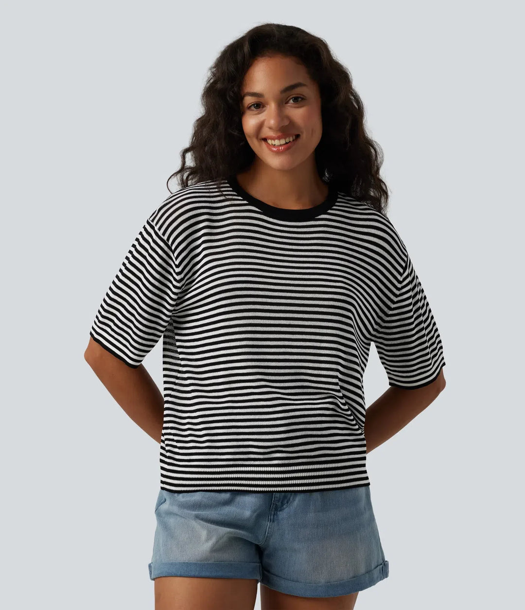 Round Neck Short Sleeve Stripe Casual Linen-Feel Jumper