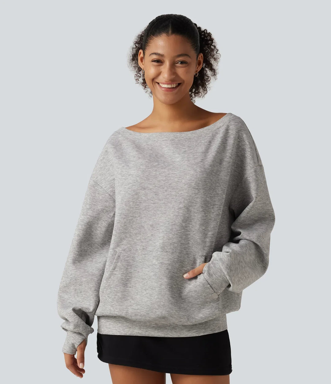 One Shoulder Long Sleeve Pullover Casual Sweatshirt with Pocket and Thumbholes
