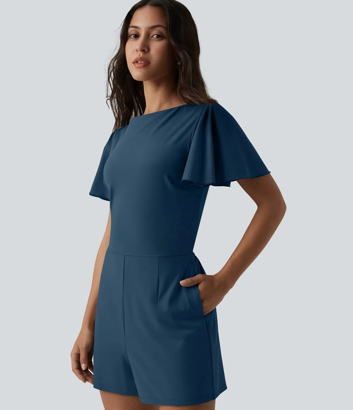 SoftlyZero Airy Flounce Short Sleeve Tie Back InstantCool Casual Romper with Pockets-Easy Peezy Edition