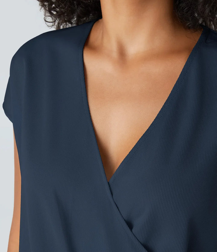 V Neck Short Sleeve Pocket Waffle Casual Romper