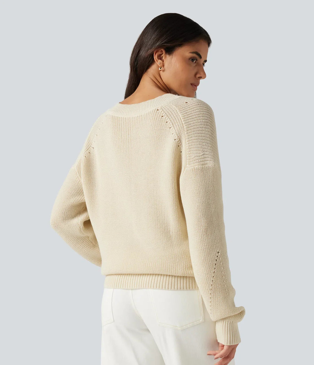 V Neck Dropped Shoulder Long Sleeve Cut Out Casual Jumper