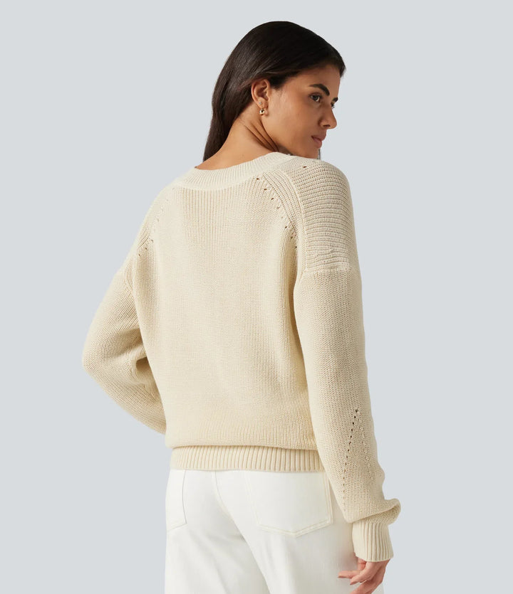 V Neck Dropped Shoulder Long Sleeve Cut Out Casual Jumper