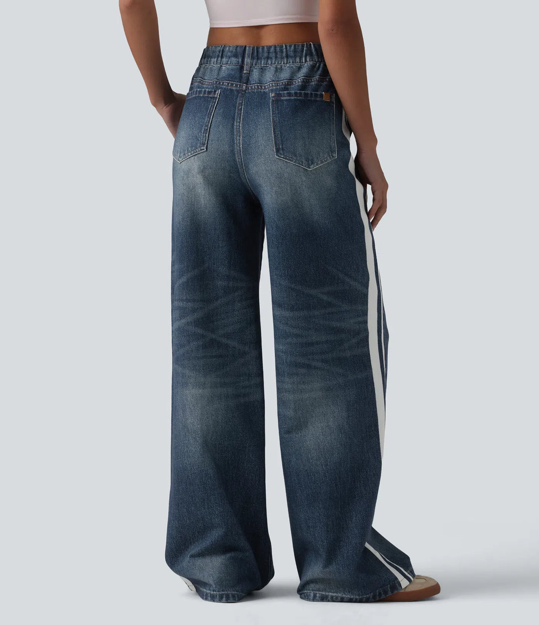 Mid Rise Denim Print French Terry Stripe Casual Sweattrousers Jeans with Pockets