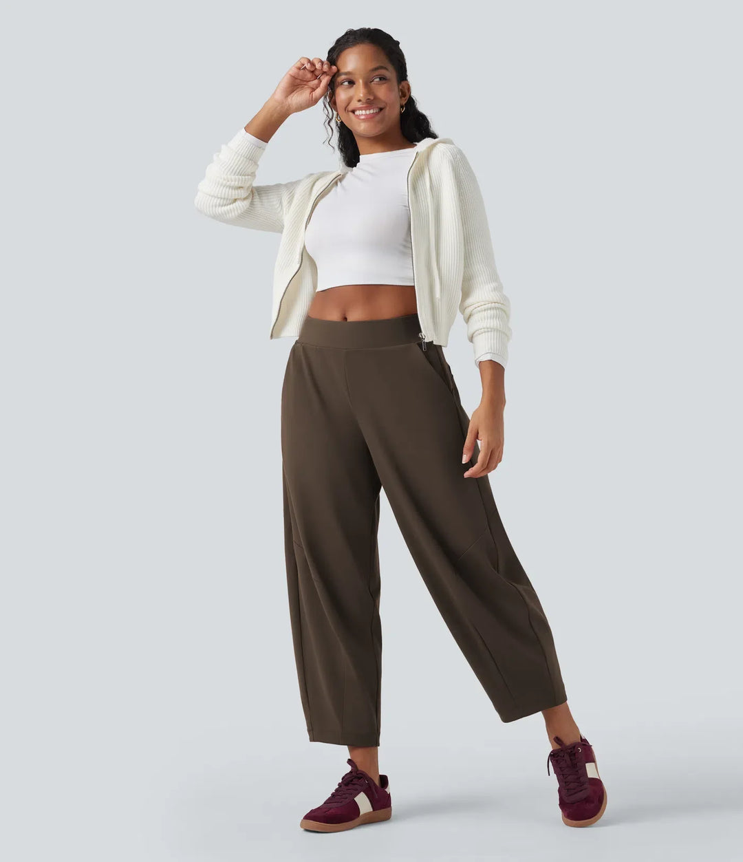 DayStretch Mid Rise Casual Barrel Leg Baggy 7/8 Trousers with Pockets