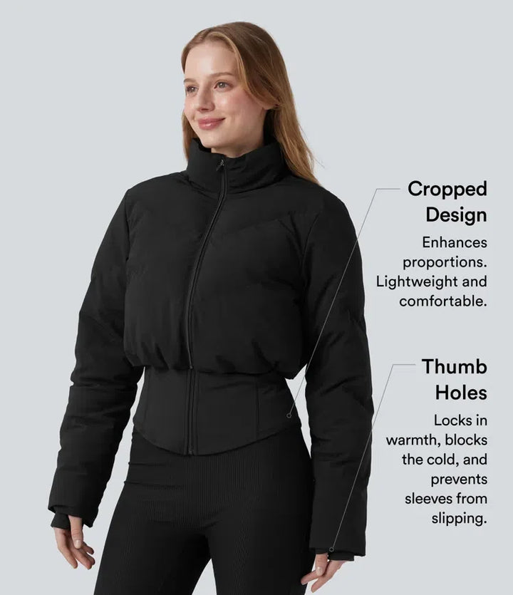 PuffFlex 3-in-1 Stand Collar Casual Cropped Puffer Coat &amp; Thumb Holes Curved Hem Jacket with Pocket