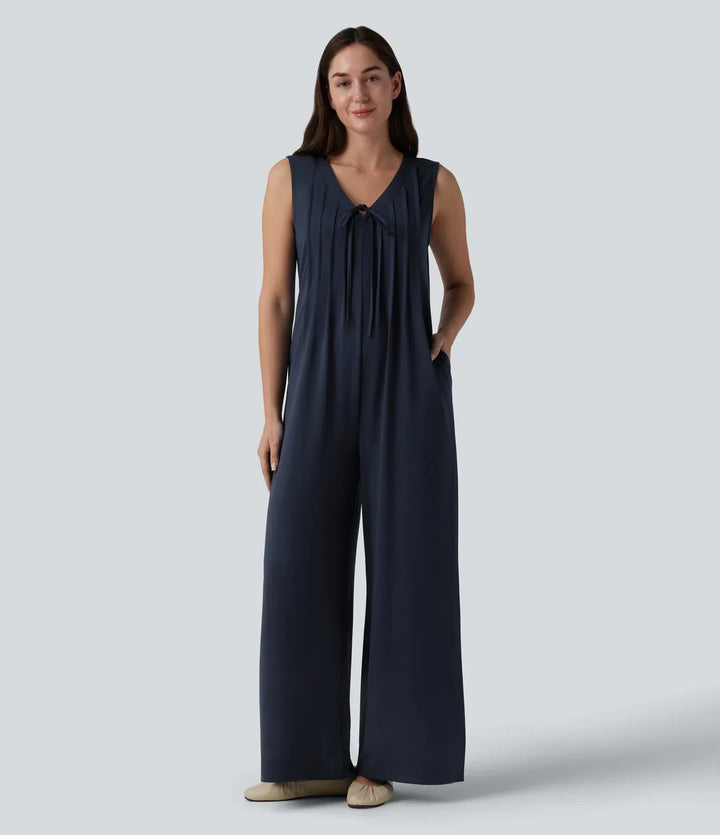 Deep V-neck Tie-front Pleated Sleeveless Invisible Zipper Casual Baggy Jumpsuit with Pockets