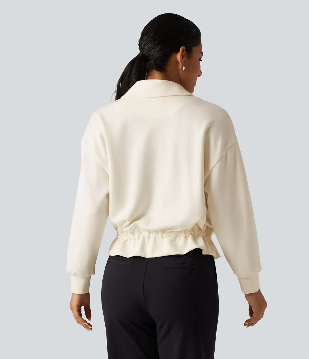 Lapel Collar Long Sleeve Drawstring Gathered Hem Casual Jacket with Pockets