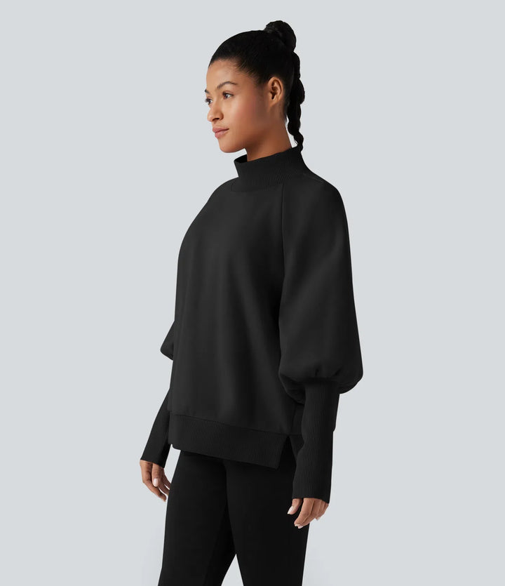 Mock Neck Bishop Long Sleeve Fleece Casual Sweatshirt