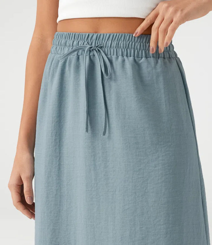 High Waisted Drawstring Maxi Linen-Feel Casual Skirt