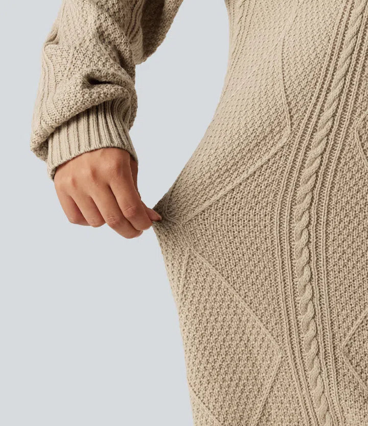 Round Neck Long Sleeve Cable Knit Mini Casual Jumper Dress