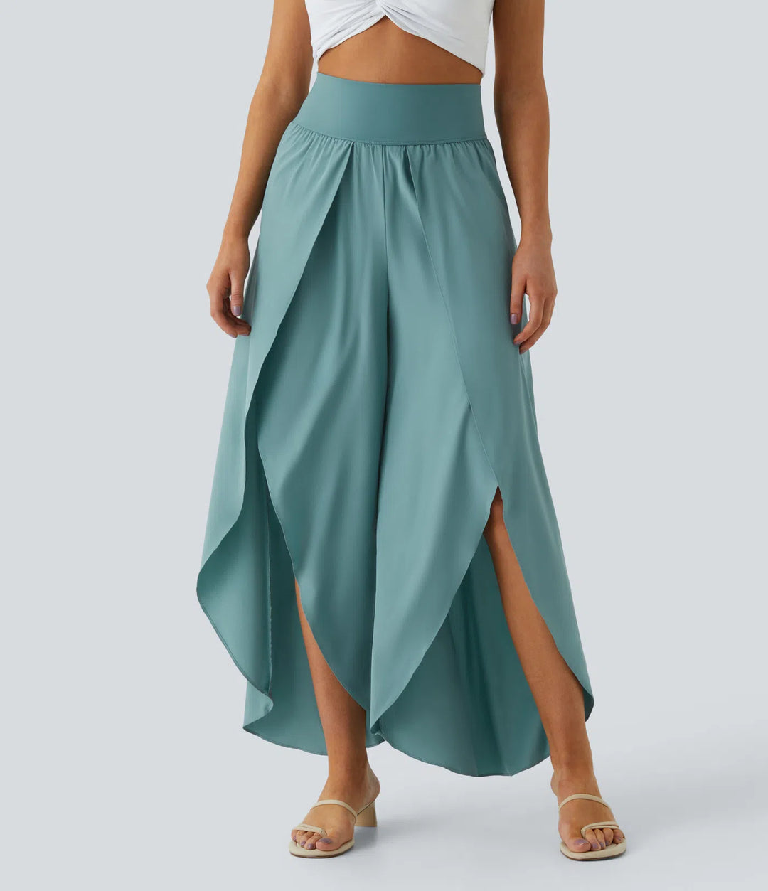Breezeful High Waisted Back Waistband Pocket Palazzo Flowy Wide Leg Quick Dry Casual Trousers