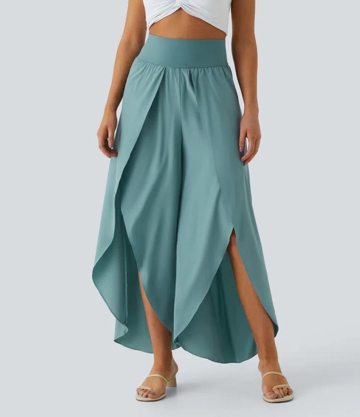 Breezeful High Waisted Back Waistband Pocket Palazzo Flowy Wide Leg Quick Dry Casual Trousers