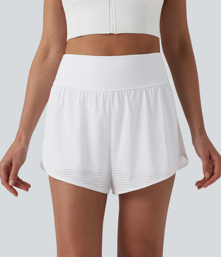High Waisted Tummy Control Reflective Dots Crossover Curved Hem 2-in-1 Eyelet Yoga Shorts with Pockets