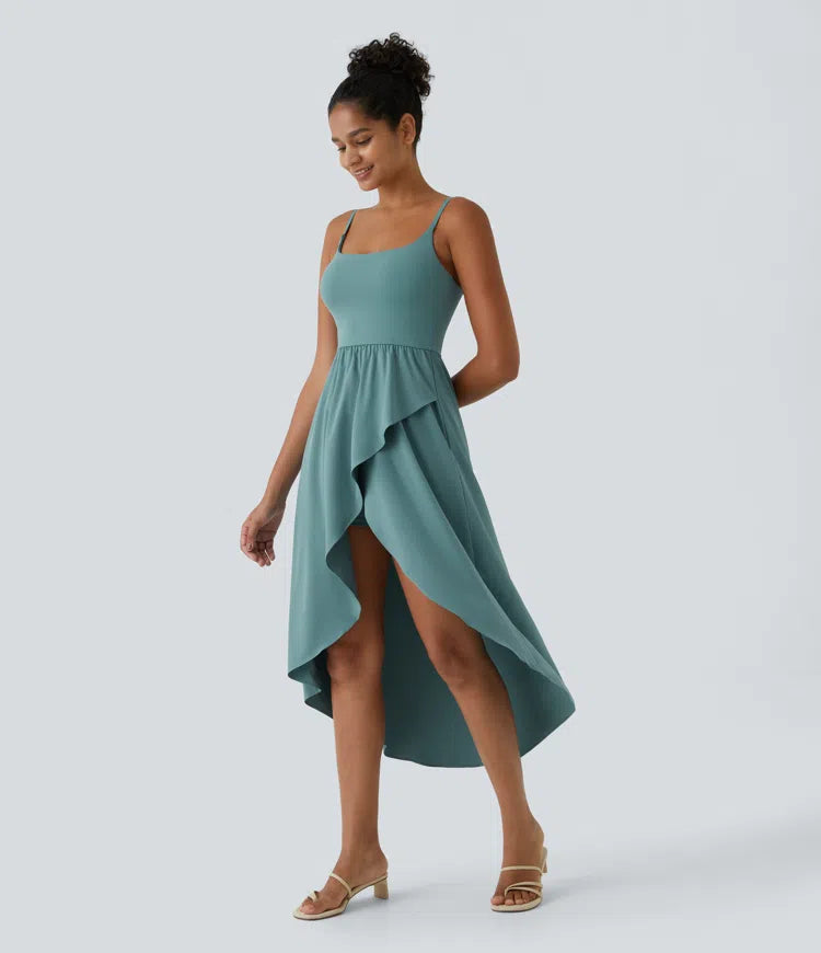 Breezeful Backless High Low 2-Piece Side Pocket Flowy Midi Quick Dry Casual Dress