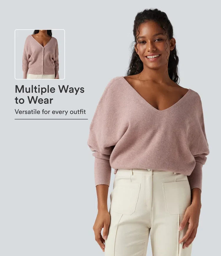 V Neck Long Sleeve Casual Jumper-Front and Back Wearable