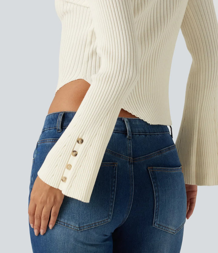 Ribbed Knit Stand Collar Flounce Sleeves Asymmetric Hem Slim Work Jumper