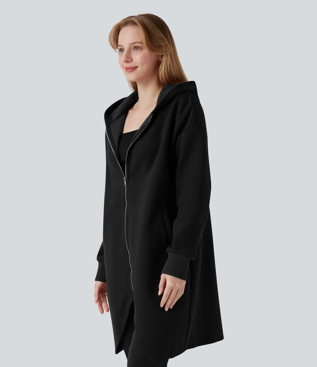 Hooded Zipper Long Sleeve Curved Hem Longline Casual Cotton Sweatshirt with Pockets