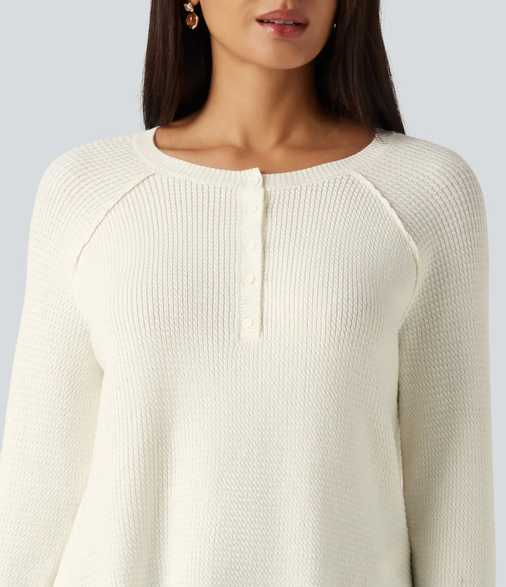 Henley Neck Long Sleeve Thumb Hole Curved Hem Casual Jumper