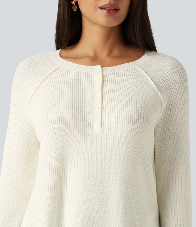 Henley Neck Long Sleeve Thumb Hole Curved Hem Casual Jumper