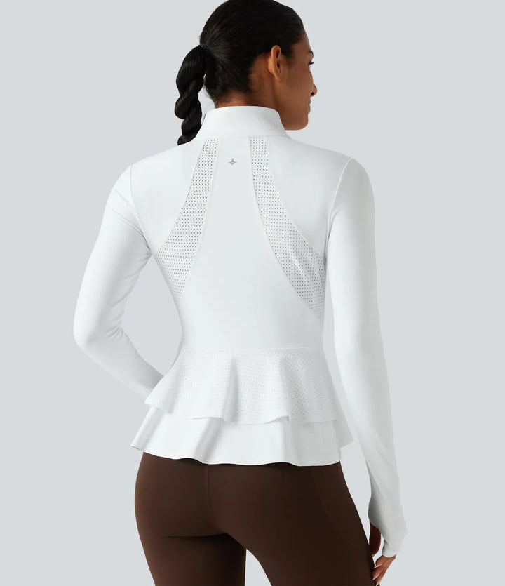 SoftlyZero Airy Stand Collar Long Sleeve Thumb Hole Eyelet Ruffle Hem InstantCool Yoga Jacket with Pockets-UPF50+